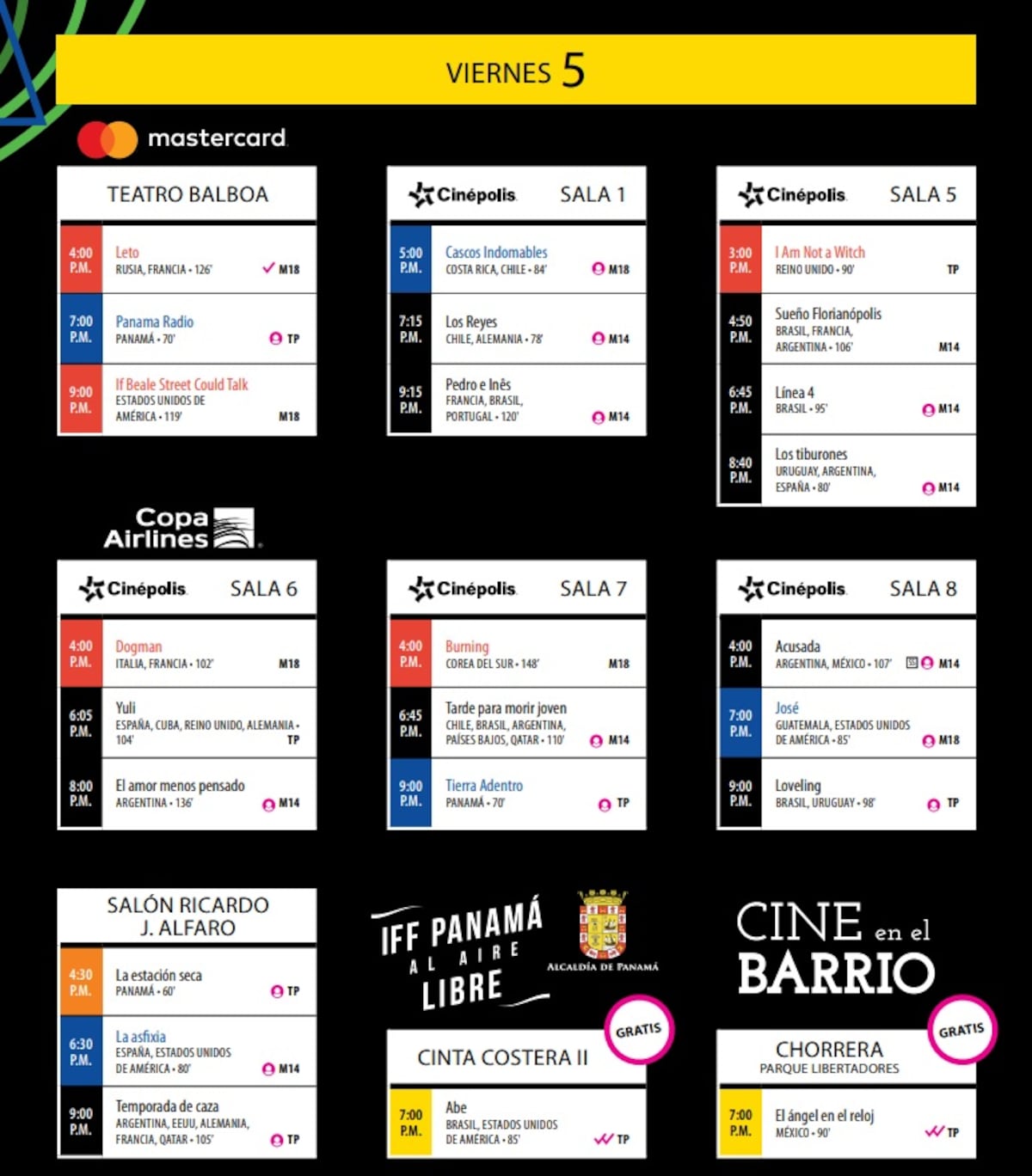 Cartelera de películas que se presentarán este viernes 5 de abril en el IFF Panamá