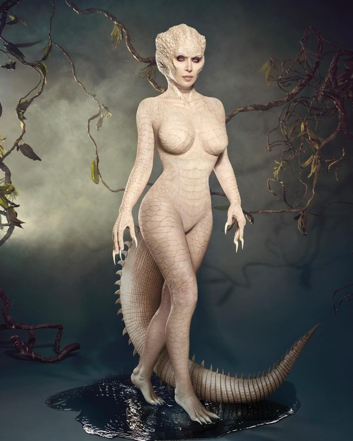 Kim Kardashian como una reptiliana albina para Halloween