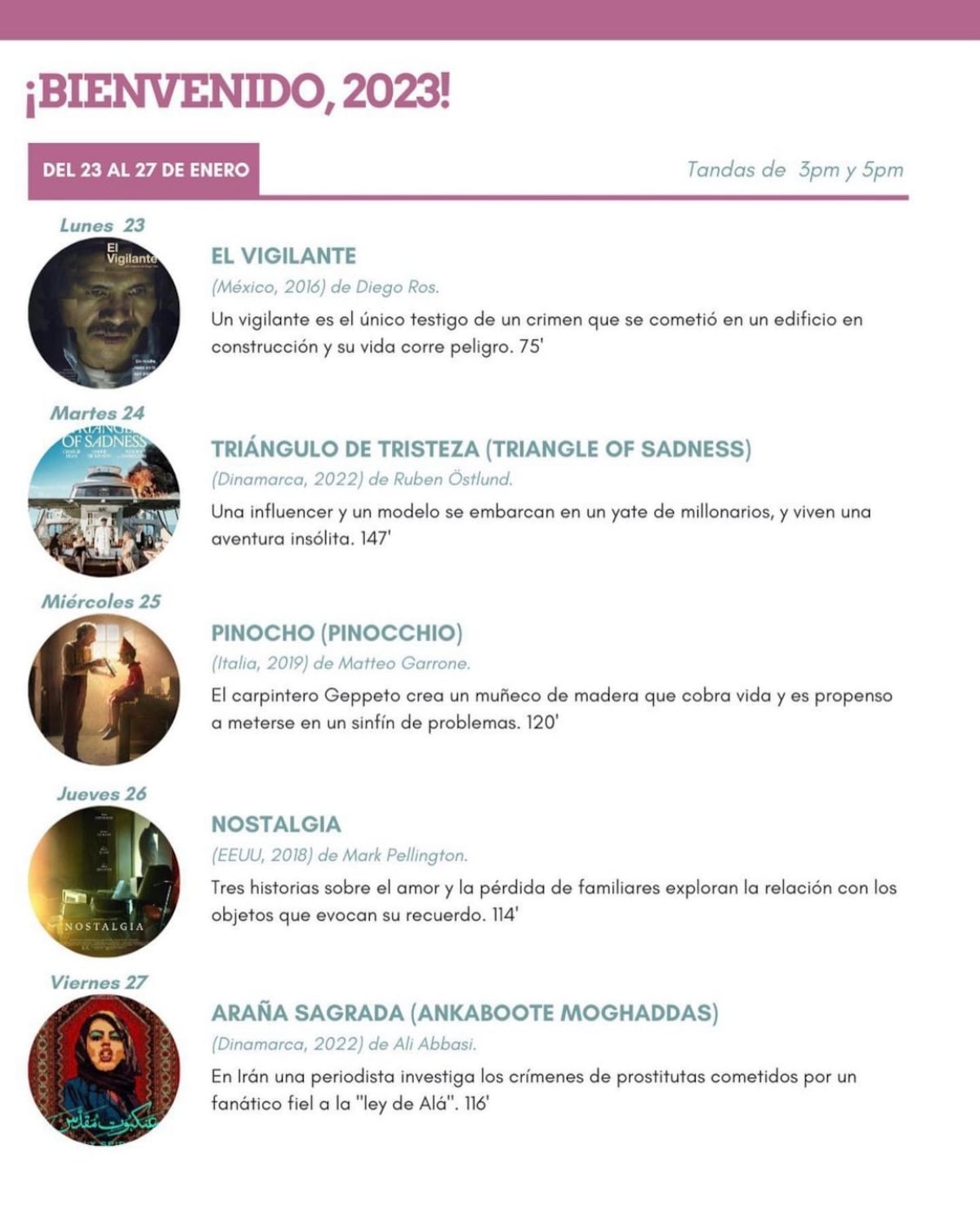 Esta es la cartelera del Cine Universitario, donde puedes ver películas gratis y llevar tu propia comida