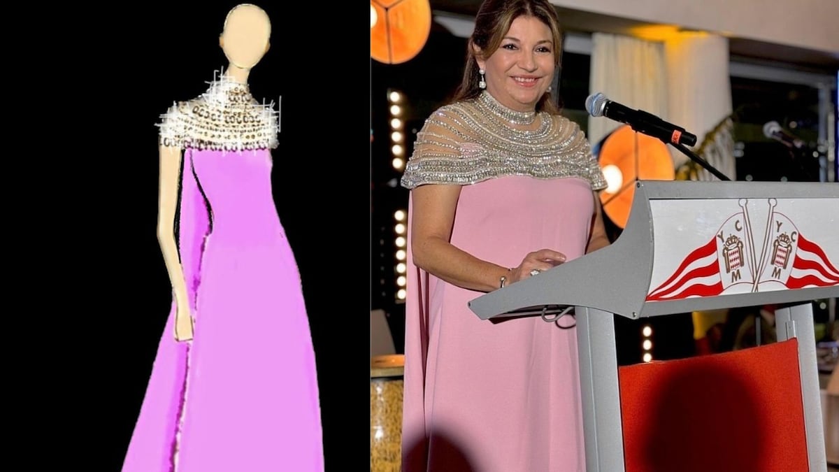 El vestido crepé color rosa, con cristales y una discreta capa de la primera dama Maricel de Mulino