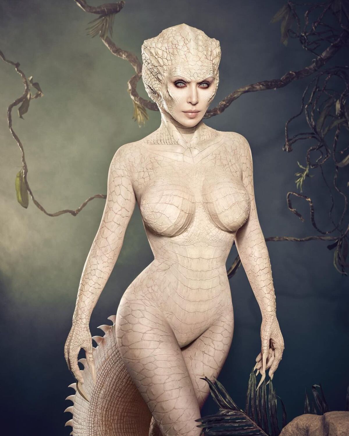 Kim Kardashian como una reptiliana albina para Halloween