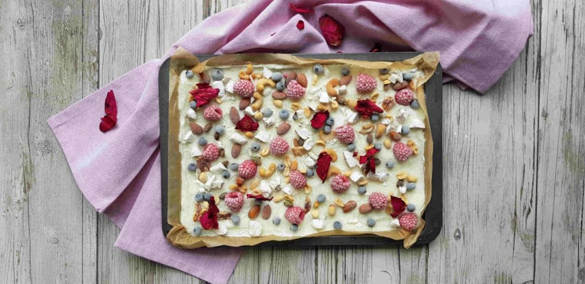 Plancha de yogur congelado con frutas y nueces mixtas